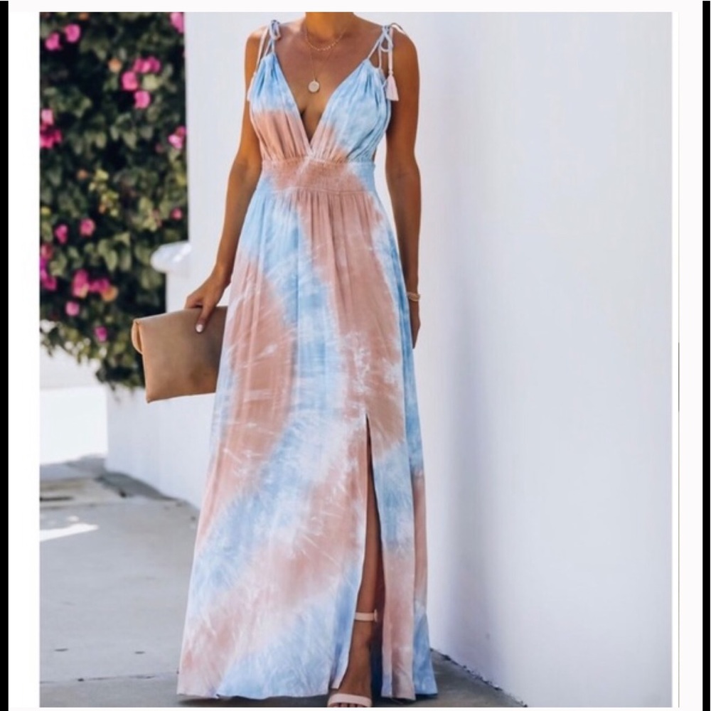 Aakaa Tie Dye Maxi Dress Blue/Peach/White Size M
